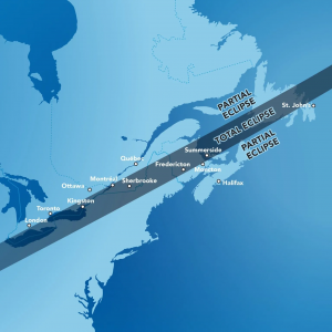 A map of Eastern Canada showing the path of totality for the total solar eclipse on April 8, 2024.