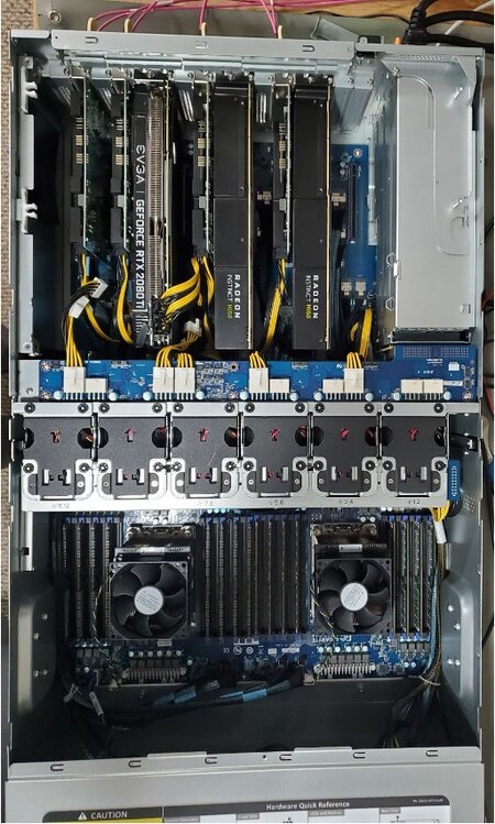 An open GPU server node packed with graphics cards used as a radio correlator.